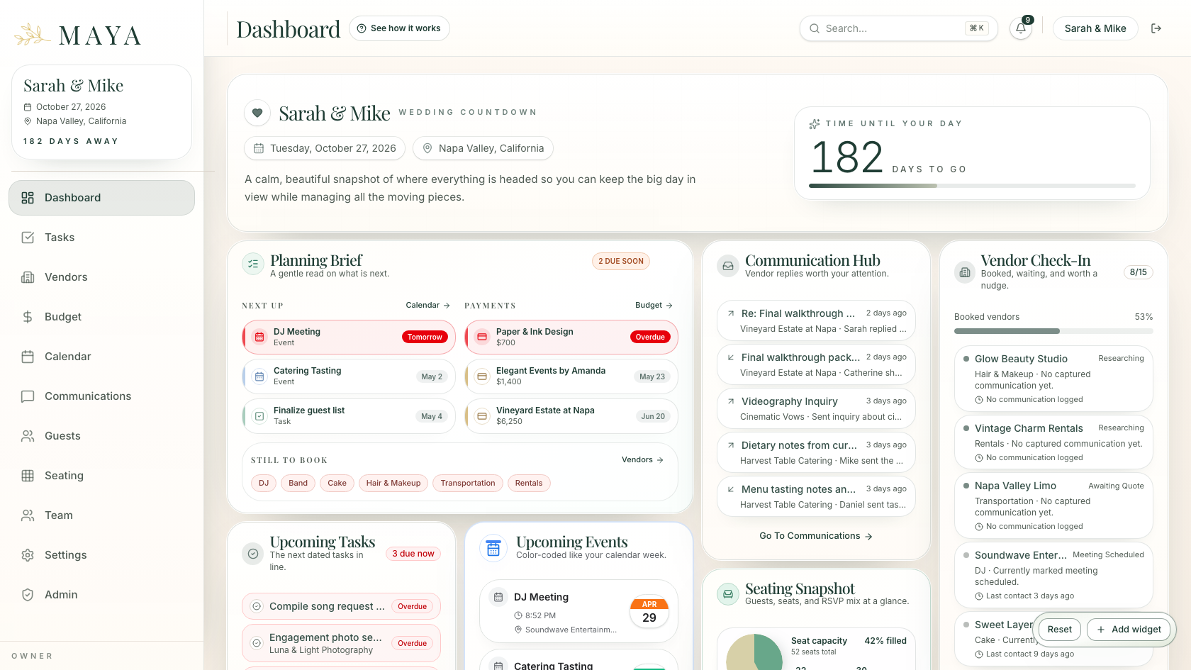 Maya dashboard overview with countdown, tasks, budget, and vendor widgets.